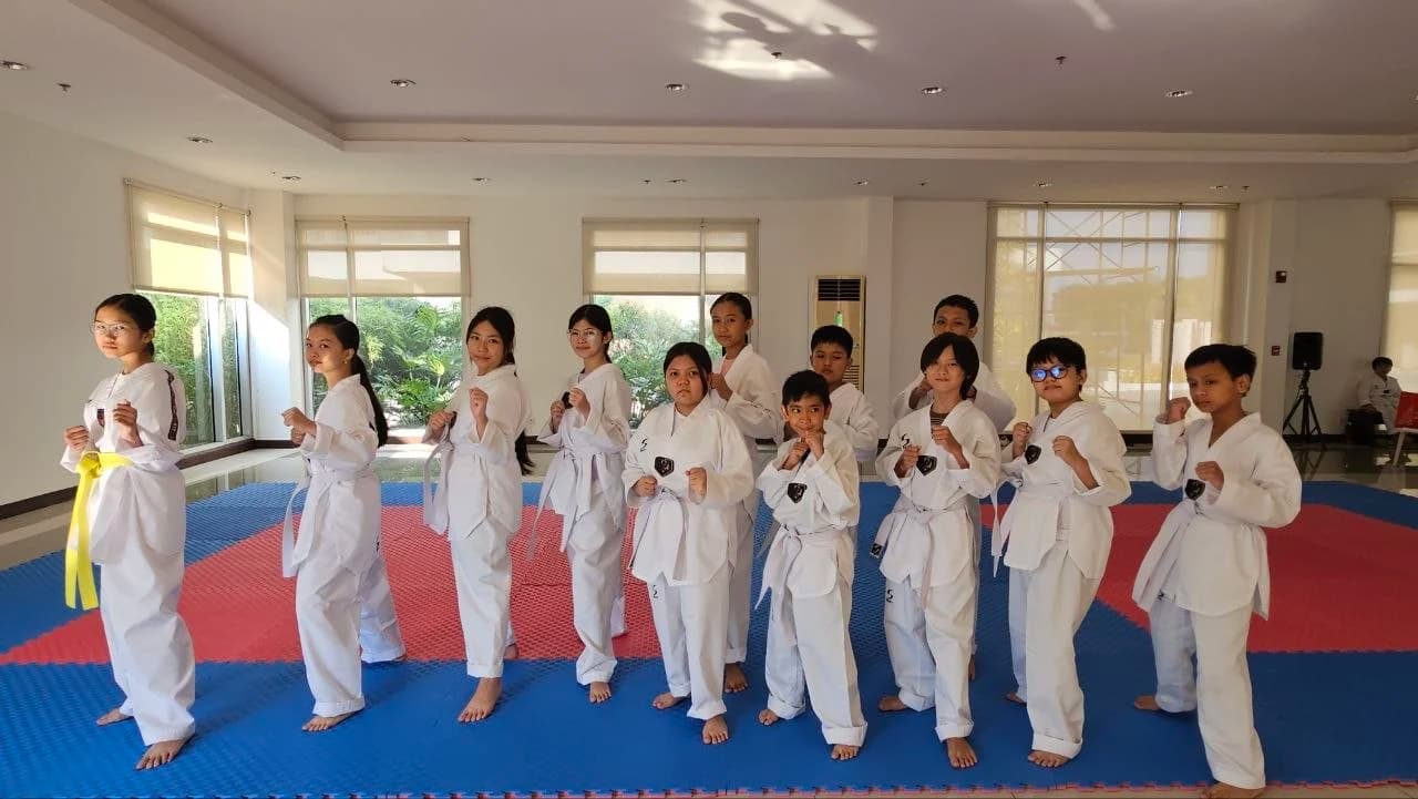 A row of students holding a fighting stance with guards up during class