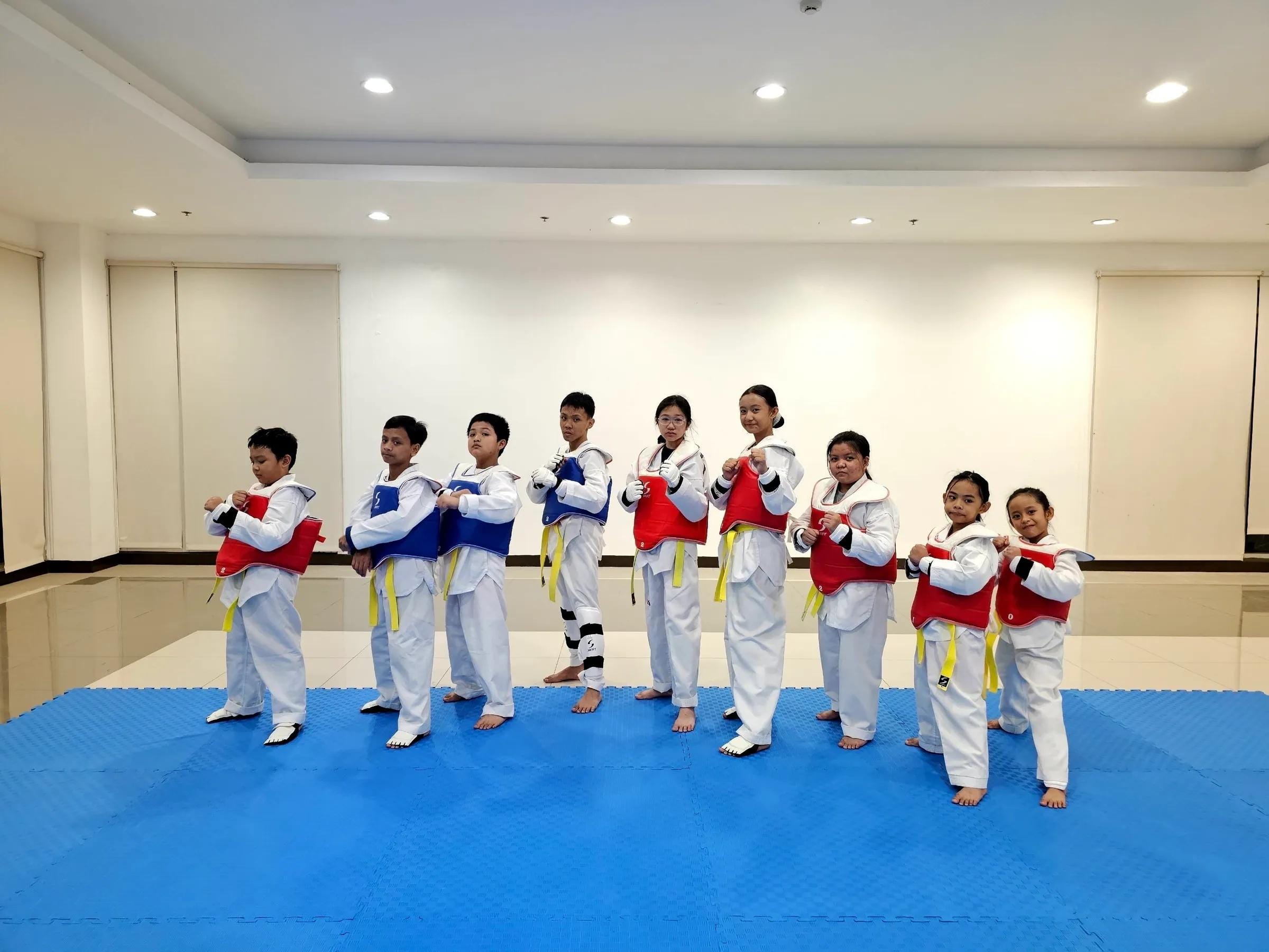 A line of students in red and blue chest protectors holding a fighting stance